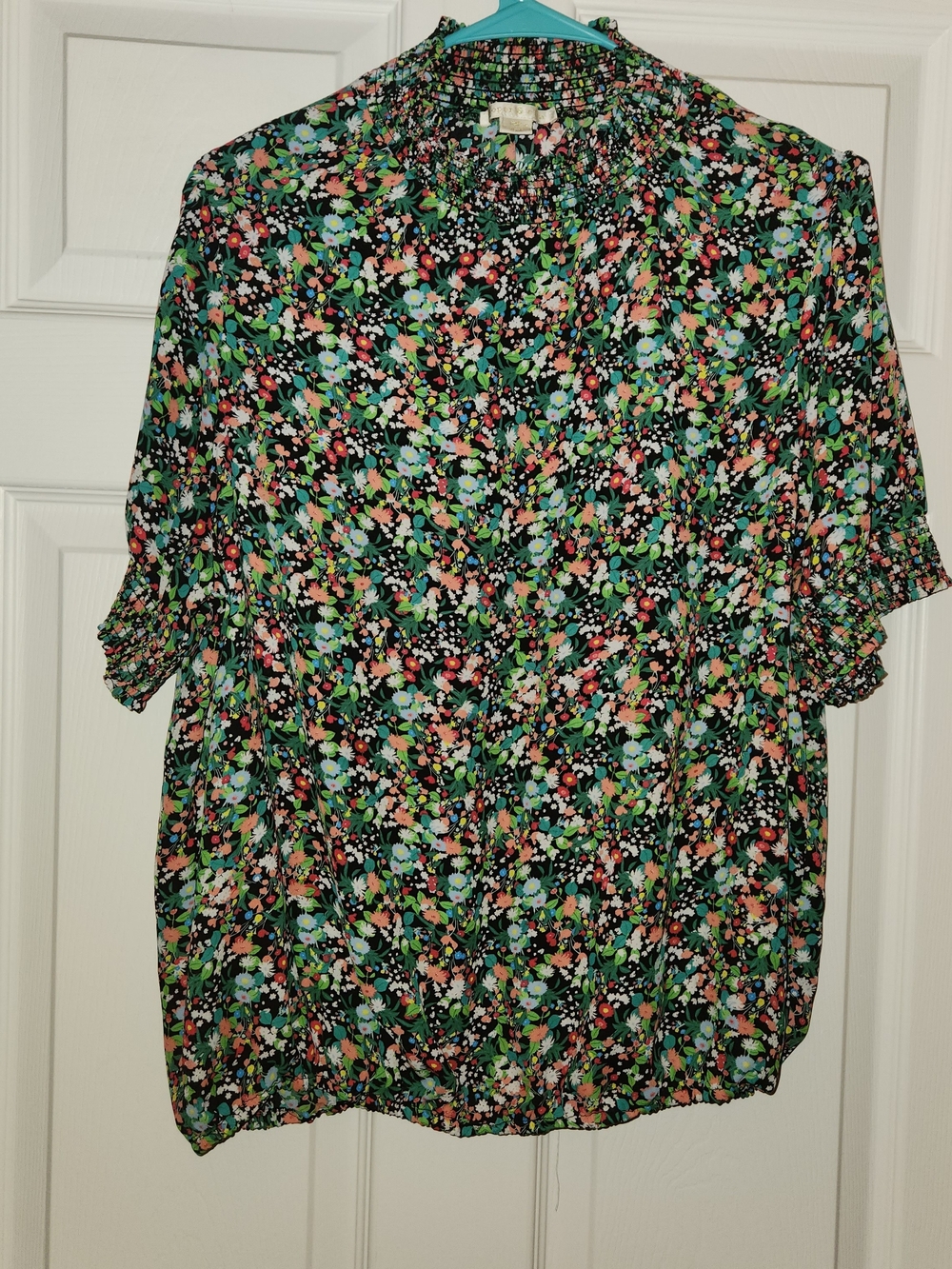 Cooper & Ella Floral Smocked Mock Neck Blouse Bubble Hem Top Large